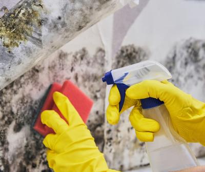 person wearing glove with spray bottle cleaning mold